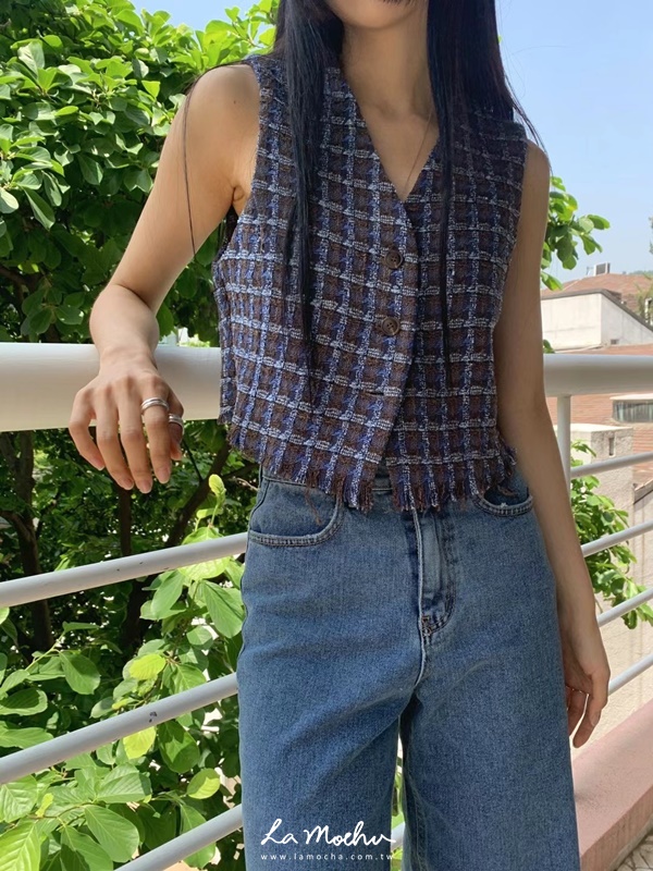 不收邊排釦小香格紋背心